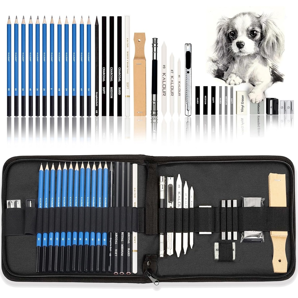 image:imageKALOUR 34 Sketching Pencil Set with Sketchbook  Zippered Travel Case  SketchCharcoalEraser  Art Drawing Supplies for Beginner KidsAdults33