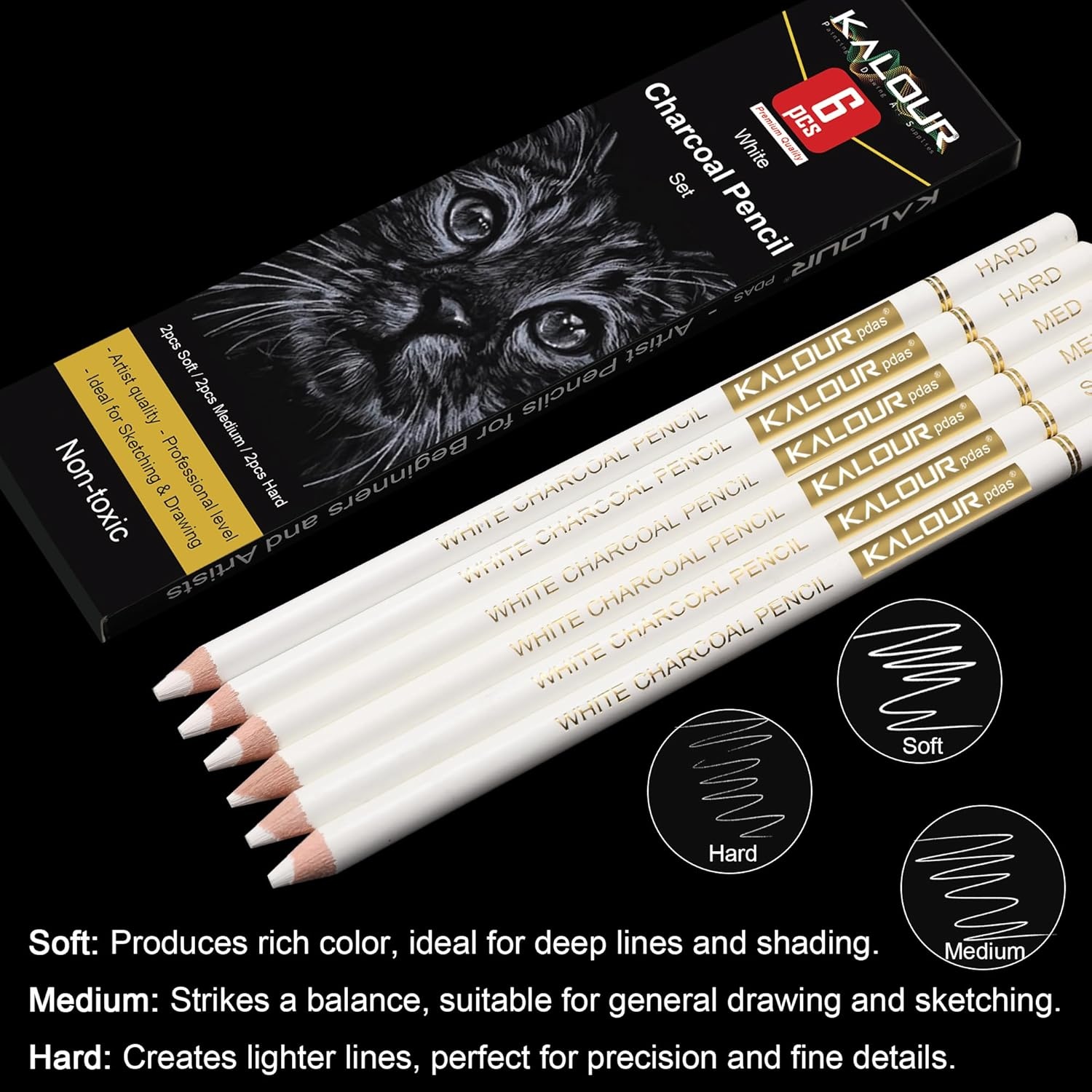 image:imageKALOUR Pro Colored Charcoal Drawing Set12 Pieces Pastel Chalk Pencils for Sketching Shading Blending Portrait Black White Charcoal for Beginners amp Artists6 White Charcoal Pencils