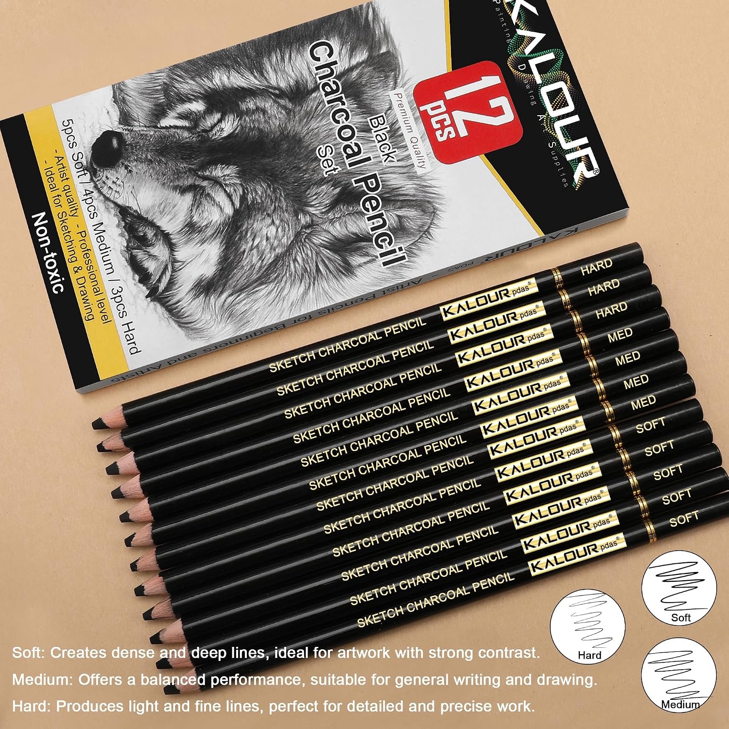 image:imageKALOUR Pro Colored Charcoal Drawing Set12 Pieces Pastel Chalk Pencils for Sketching Shading Blending Portrait Black White Charcoal for Beginners amp Artists12 Black Charcoal Pencils