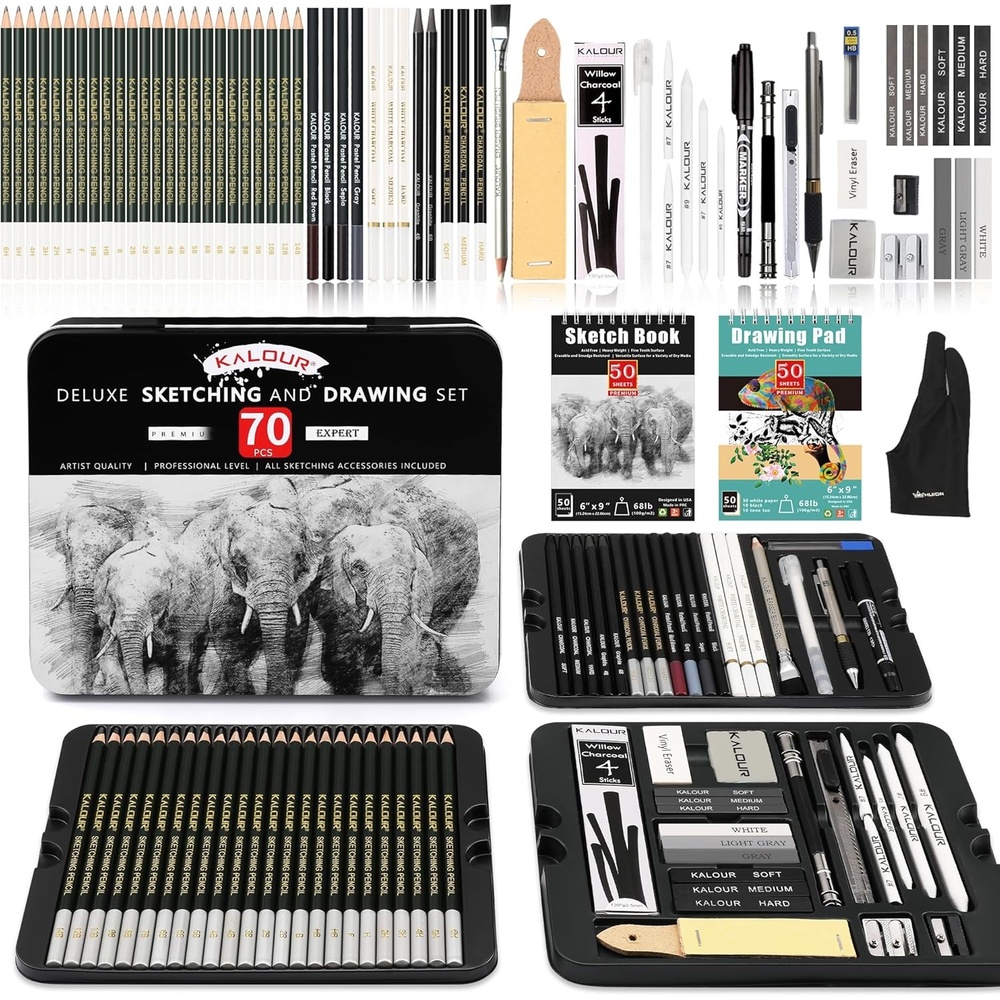 image:imageKALOUR 72Pack Sketch Drawing Pencils Kit with Sketchbook and 3color Drawing PaperTin BoxInclude GraphiteCharcoalDrawing Glove and Artists ToolsPro Art Drawing Supplies for Adults Beginner
